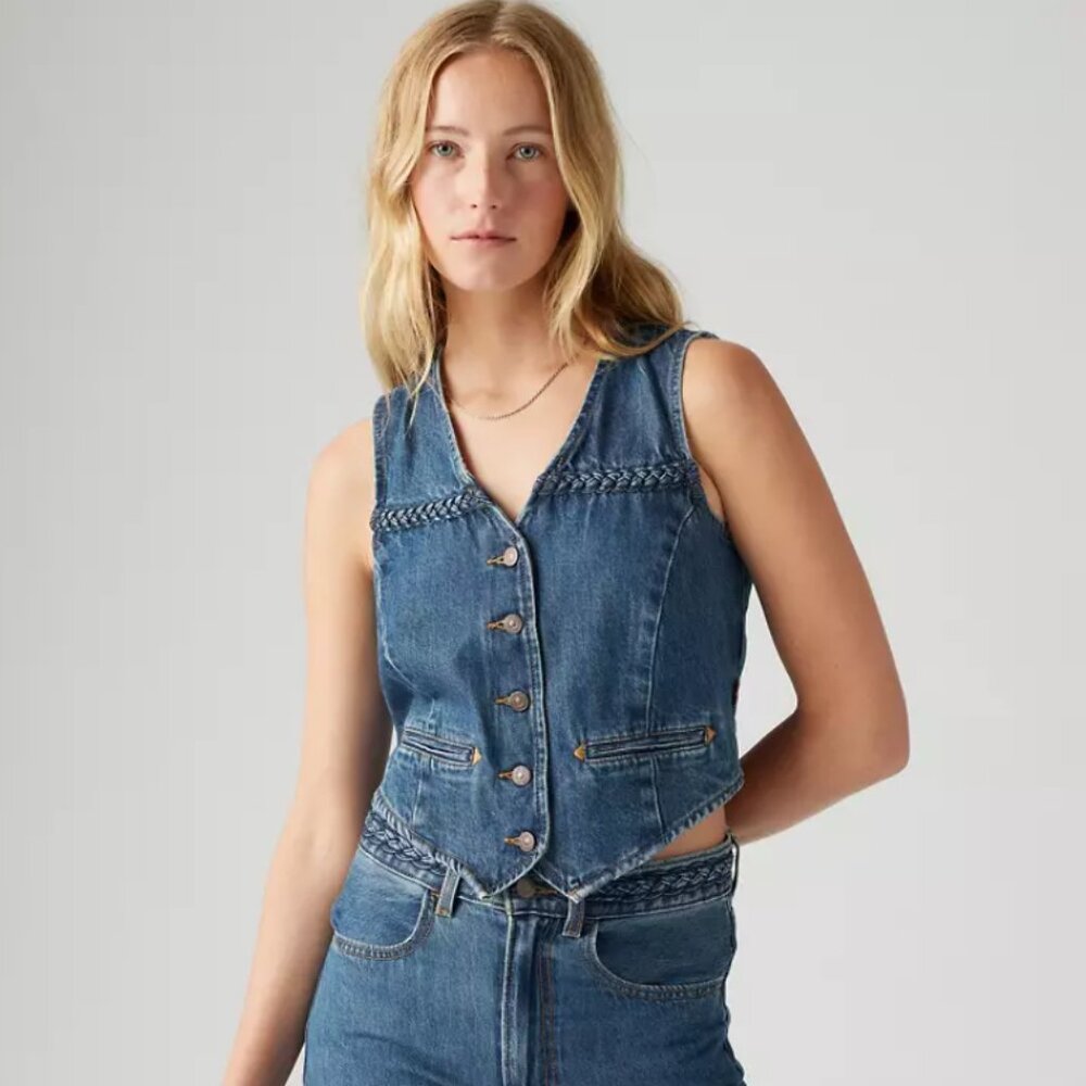 Levi’s Premium Braided Denim Vest L Dark Wash Western Boho Retro Festival